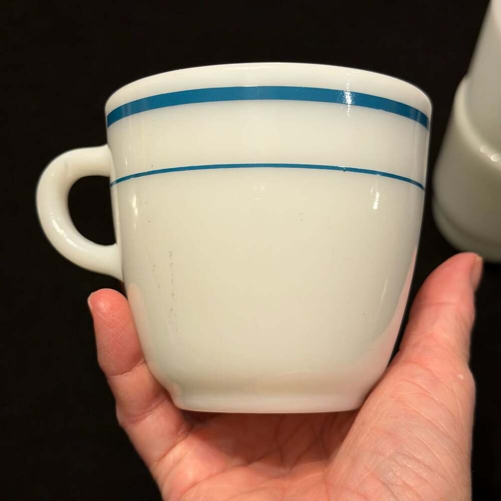 Anchor Hocking Anchorware 910 Mug Teal / Blue Stripe White Milk Glass